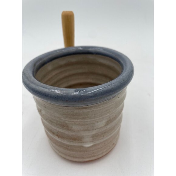 Handcrafted Clay Butter Cheese Crock With Wooden Knife Holder & Blue Rim - Picture 5 of 5
